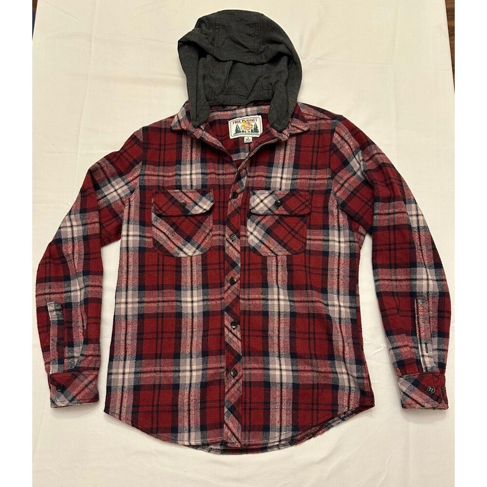 Men's Free Planet Medium 100% Cotton Red White Black Heavy Flannel Hooded